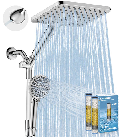 MakeFit Dual Handheld Shower Head Combo, 2-in-1 Rain Shower Heads System 8 Inch Rainfall Shower Head and 10 Modes High Pressure Hand Held Showerhead with Built-in Power Wash
