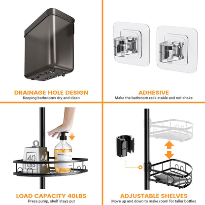 Adjustable Tension Pole Shower Caddy: Rustproof Corner Bathroom Organizer
