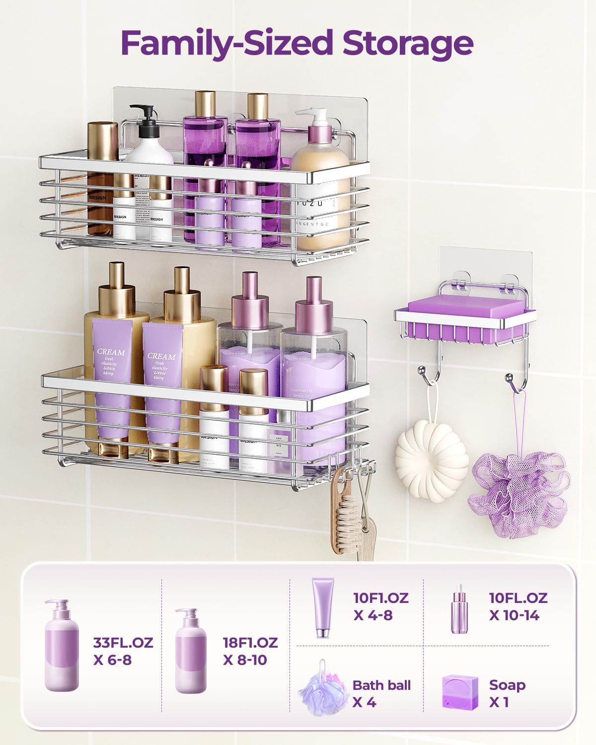 ODesign Shower Caddy Adhesive Stainless Steel Storage Organizers (Silver, 3 Pack)