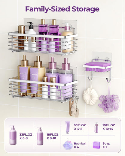 ODesign Shower Caddy Adhesive Stainless Steel Storage Organizers (Silver, 3 Pack)