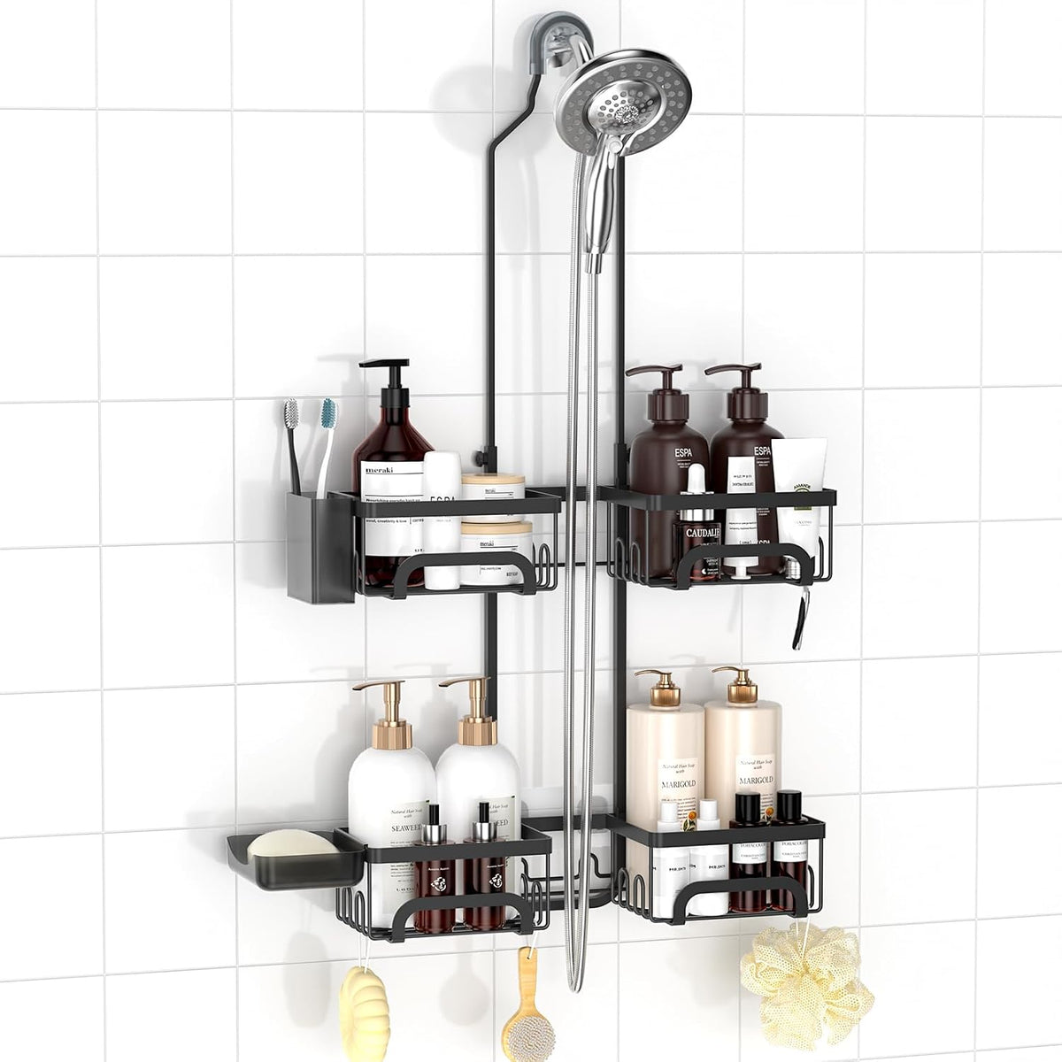 REINHARDT Split Shower Caddy Hanging for Handheld Showerheads, Black