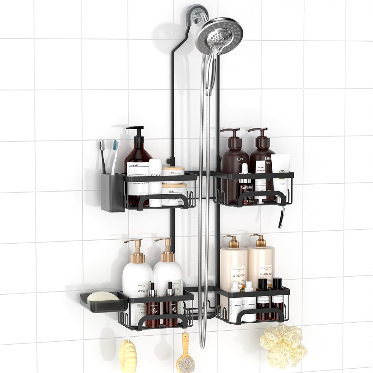 REINHARDT Split Shower Caddy Hanging for Handheld Showerheads, Black