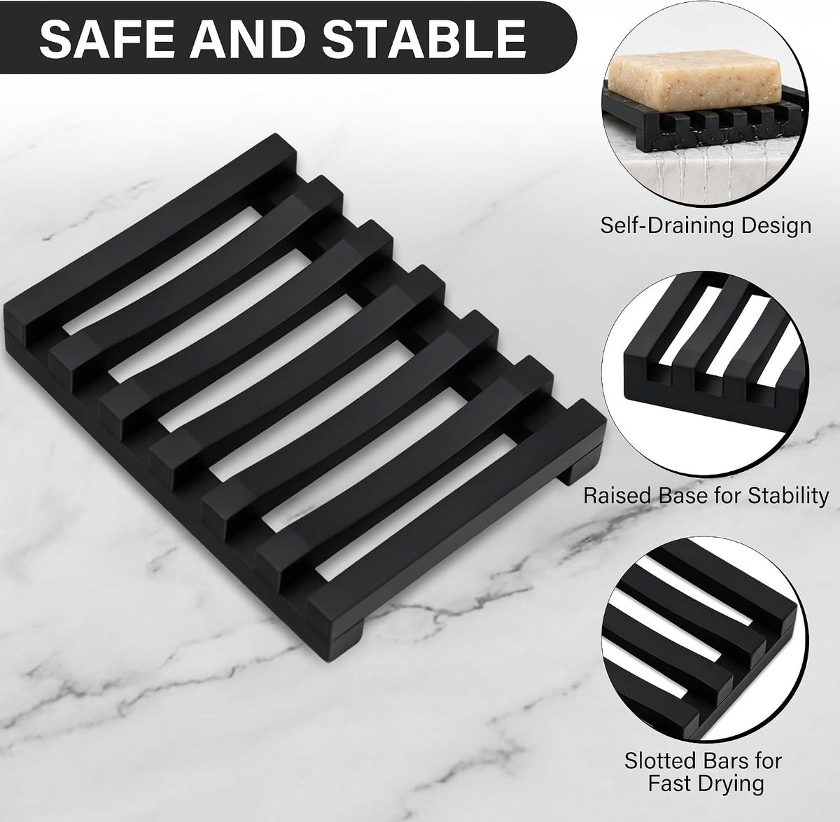 Slotted Silicone Soap Dish 2 Pcs, Self Draining Soap Holder with Raised Bar Design, Non Slip Soap Saver Tray, Quick Dry Soap Dish for Bathroom Kitchen Sink Shower, Black