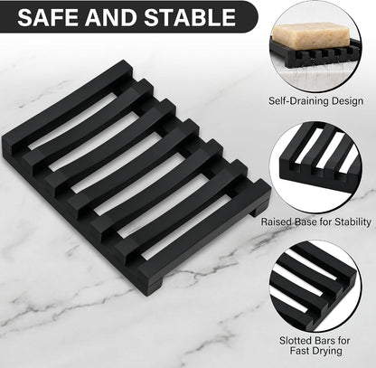 Slotted Silicone Soap Dish 2 Pcs, Self Draining Soap Holder with Raised Bar Design, Non Slip Soap Saver Tray, Quick Dry Soap Dish for Bathroom Kitchen Sink Shower, Black