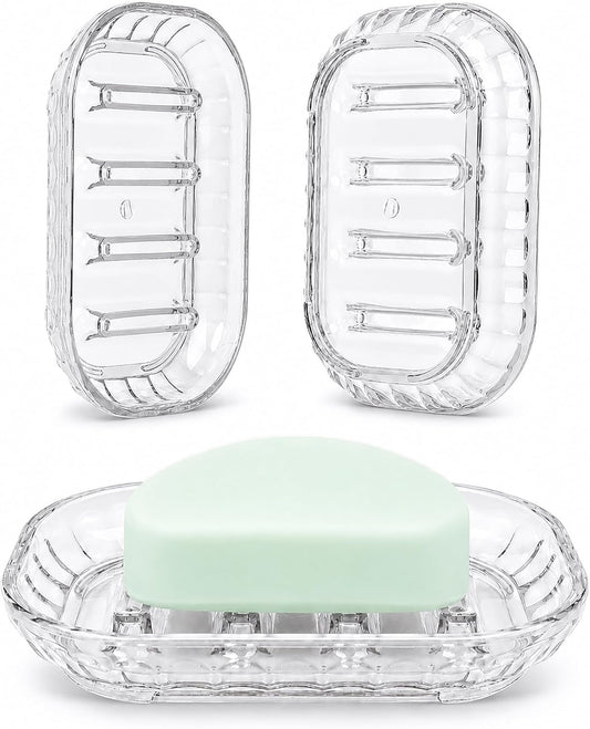 OTHIX 3 Pack Clear Plastic Soap Dish for Bar Soap, Bar Soap Holder Tray with Raised Ridges for Shower | Bathroom | Kitchen Sink |Dry Fast| Easy to Clean (Clear)