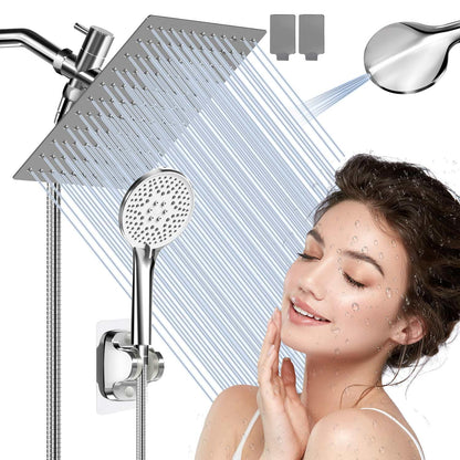 Airlex Shower Head Rain Shower Head with Handheld Spary, High Pressure Rainfall Showerhead and 4 Modes Handheld Shower Heads Built-in Power Wash with 71 Inch Stainless Steel Hose, 8'' Sliver
