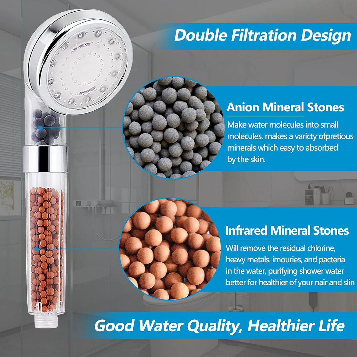 FASTRAS LED Shower Head with Handheld, High Pressure Shower Head with Hose, Holder & PTFE Tape etc, 3 Water Temperature-Controlled Water Saving Filtered Shower Head for Dry Hair& Skin