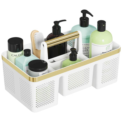 BYUNER Plastic Shower Caddy Dorm: Portable Cleaning & Shower Caddy with Handle, 4 Divided Compartments, All-Side Drainage, Rigid Plastic Basket Tote for College Dorm & Bathroom Use, Black/Silver