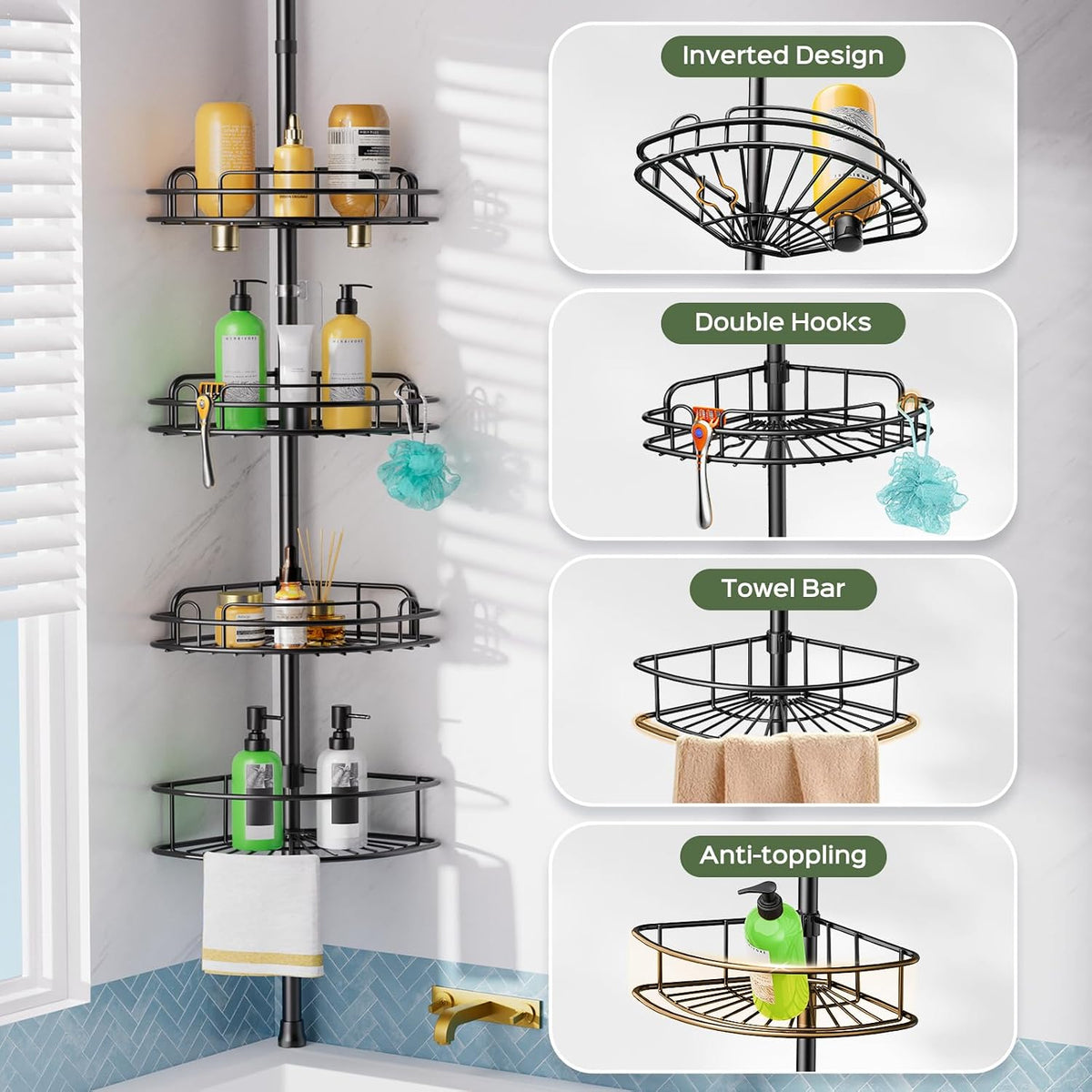 HAMITOR Corner Shower Caddy Tension Pole: No-Drill Rustproof Bathroom Shelf