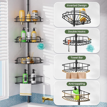 HAMITOR Corner Shower Caddy Tension Pole: No-Drill Rustproof Bathroom Shelf