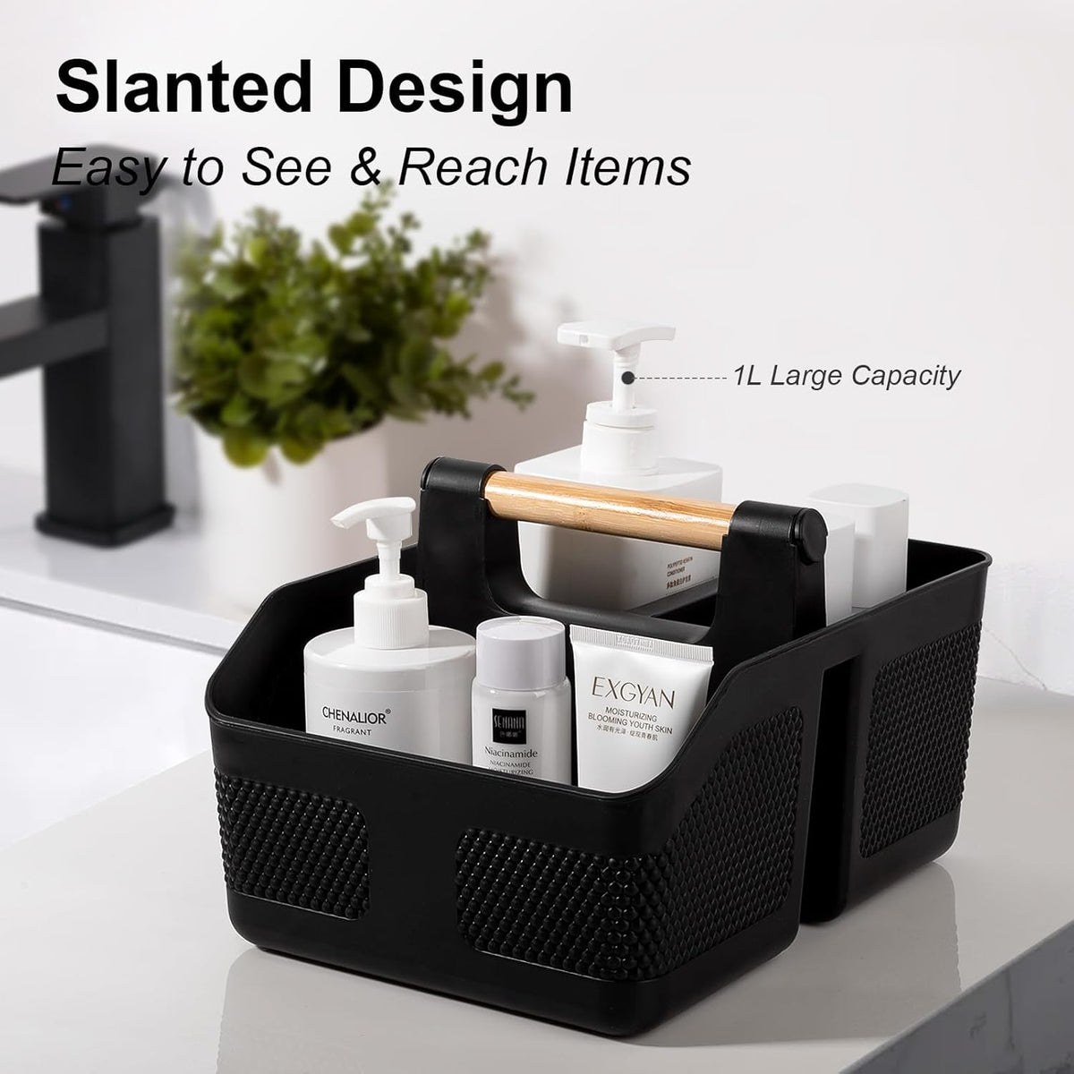 Plastic Shower Caddy Portable Shower Basket with Bamboo Handle, Black