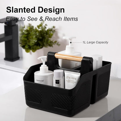 Plastic Shower Caddy Portable Shower Basket with Bamboo Handle, Black
