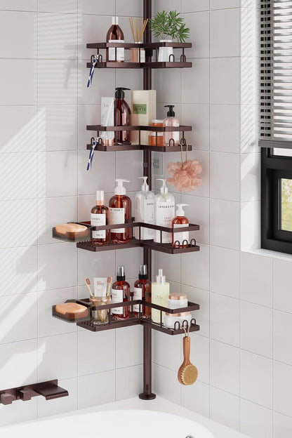 YASONIC Corner Shower Caddy Tension Pole, 25.7-109.1in Adjustable Shower Shelves, Rust-Resistant Shower Organizer, No-Drill 3-Step Installation, Bathroom Shelves for Renters & Family, Black