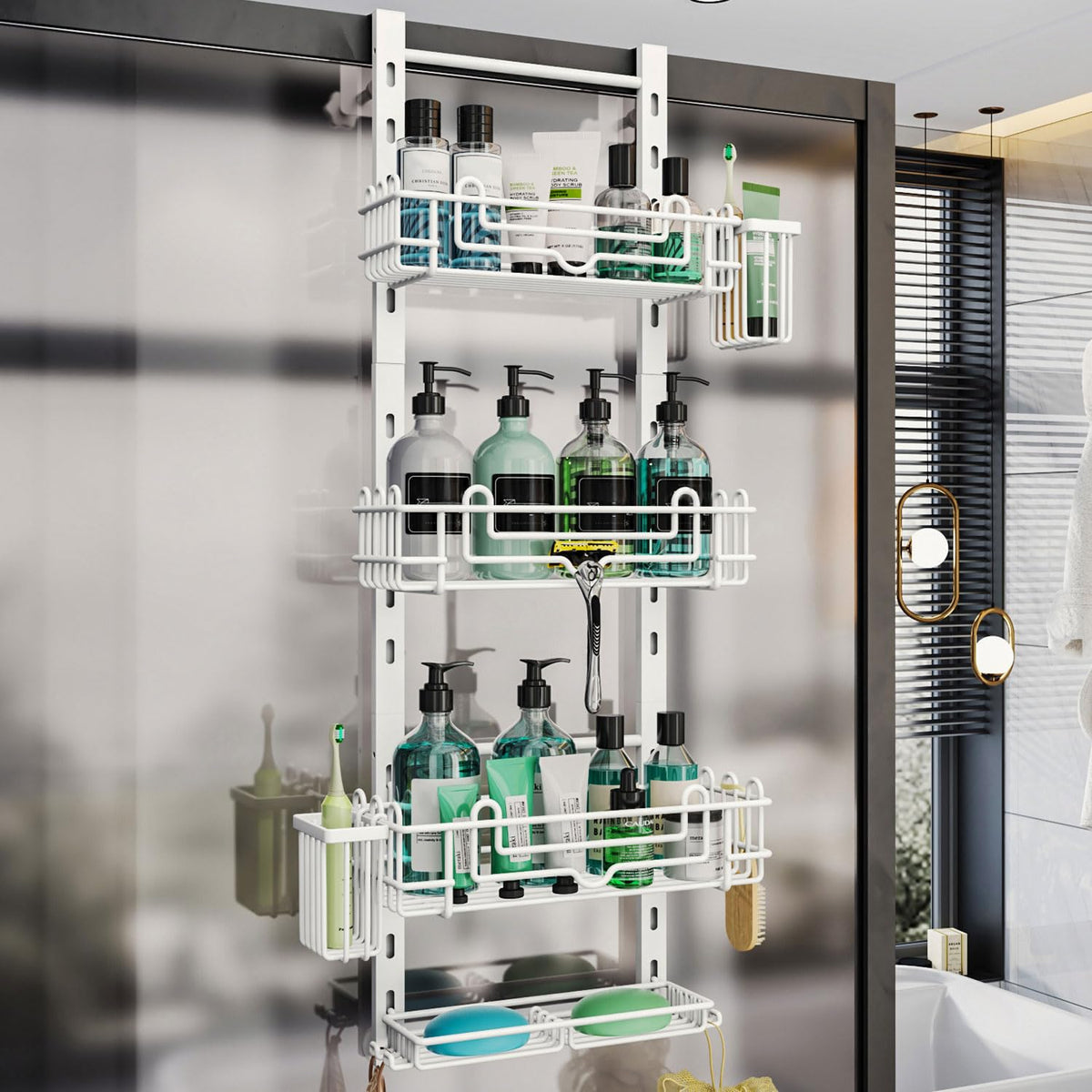 HapiRm Over the Door Shower Caddy - 4-Tier Hanging Shower Organizer with 22 Hooks and 2 Toothbrush Holders, No Drilling Adjustable Hanging Shelves for Bathroom - Black