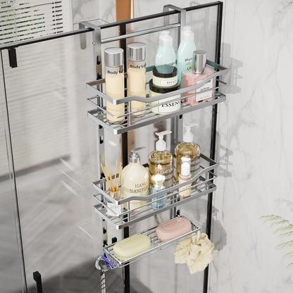SWTYMIKI Over the Door Shower Caddy - 3 Tier Adjustable Shower Organizer Hanging with Soap Holder, No Drilling Stainless Steel Bathroom Rack Hanging for Body Wash, Shampoo, Soap, Razor, Black