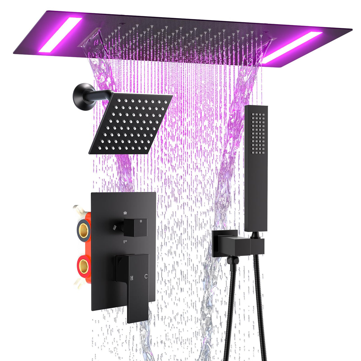 ENGA Dual Rain Shower Head System, 2 In 1 Functions Ceiling Mount 14x20inch LED Shower Head with 6 Inch Shower Head, Rainfall Waterfall Shower Faucet Set, Matte Black