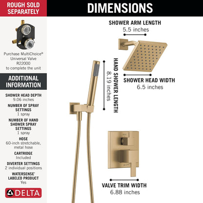 Delta Modern Square Shower System Faucet Set, Brushed Gold 6.5-inch Shower Head and Handle Set, Valve Trim Kit, Champagne Bronze T342703-CZ (Valve Not Included)