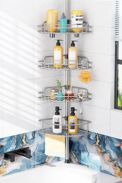 HAMITOR Corner Shower Caddy Tension Pole: No-Drill Rustproof Bathroom Shelf