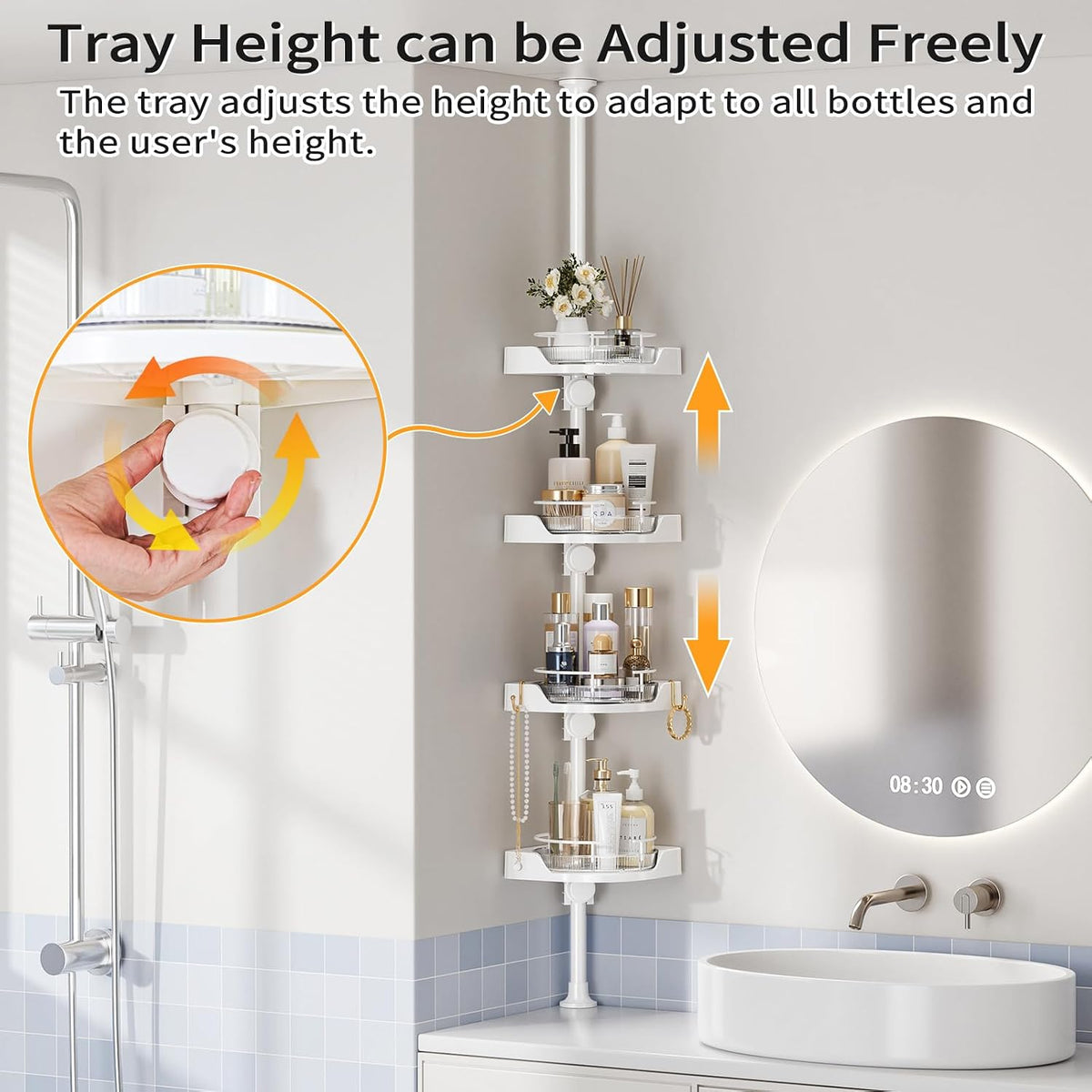shuang qing 360° Rotating Corner Shower Caddy Tension Pole Organizer, White