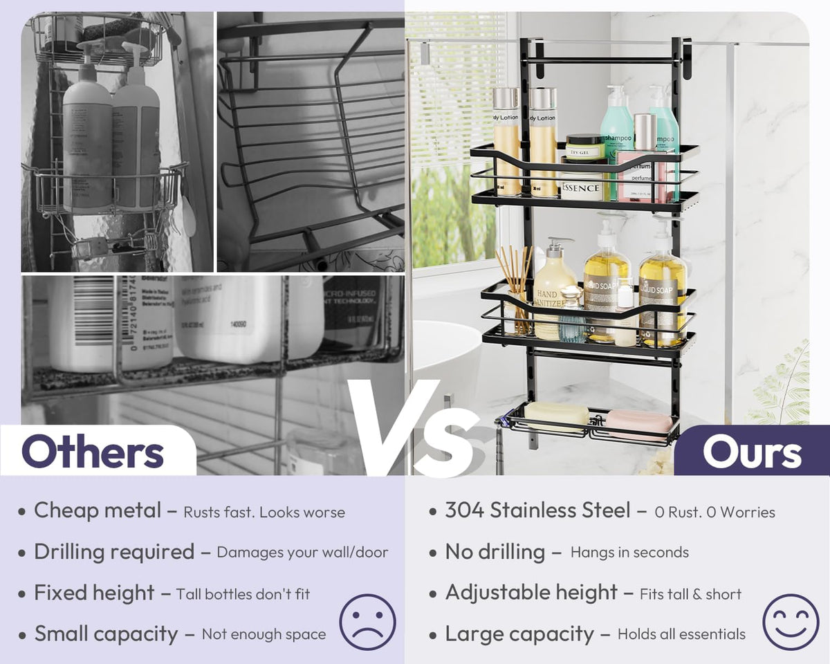 SWTYMIKI Over the Door Shower Caddy - 3 Tier Adjustable Shower Organizer Hanging with Soap Holder, No Drilling Stainless Steel Bathroom Rack Hanging for Body Wash, Shampoo, Soap, Razor, Black
