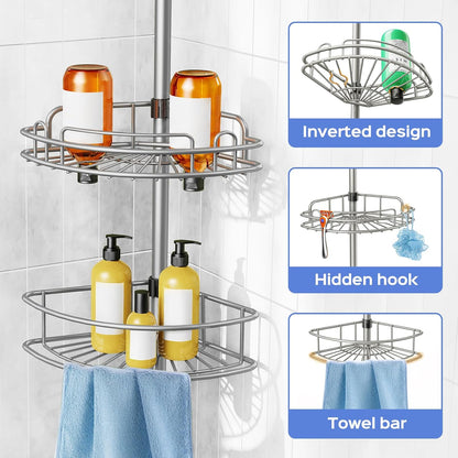 HAMITOR Shower Caddy Tension Pole: 4 Tier Corner Bathroom Organizer