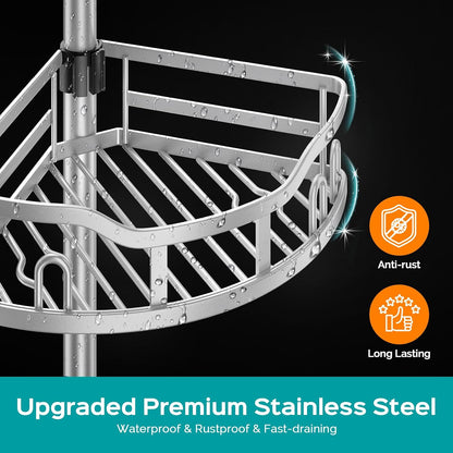 HAMITOR Corner Shower Caddy Tension Pole: Rustproof Stable 4-Tier Bathroom Organizer Shelves for Bathtub Shampoo Storage - 47-121 Inch Quick Install Adjustable Shelf with Soap Rack - Silver Gray
