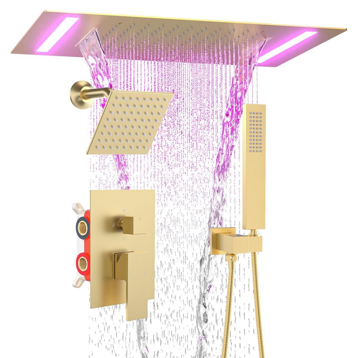 ENGA Dual Rain Shower Head System, 2 In 1 Functions Ceiling Mount 14x20inch LED Shower Head with 6 Inch Shower Head, Rainfall Waterfall Shower Faucet Set, Matte Black