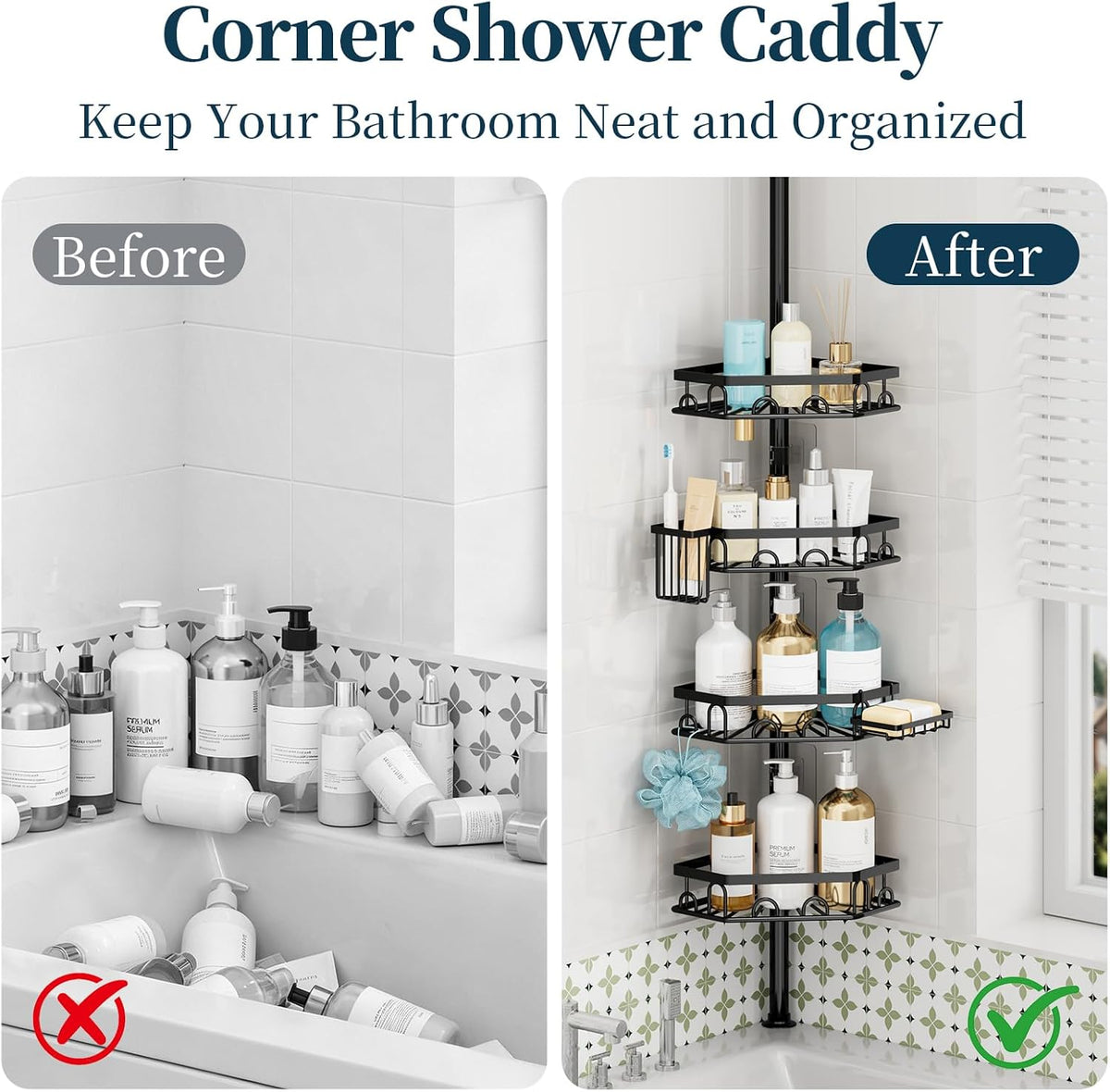 Consumest Shower Caddy Tension Pole - 4 Tier Corner Shower Shelves with Brush & Soap Holder, 304 Stainless Steel Rustproof Adjustable Organizer Rack for Bathtub, Bathroom, 27.6-108.3 Inch, Black