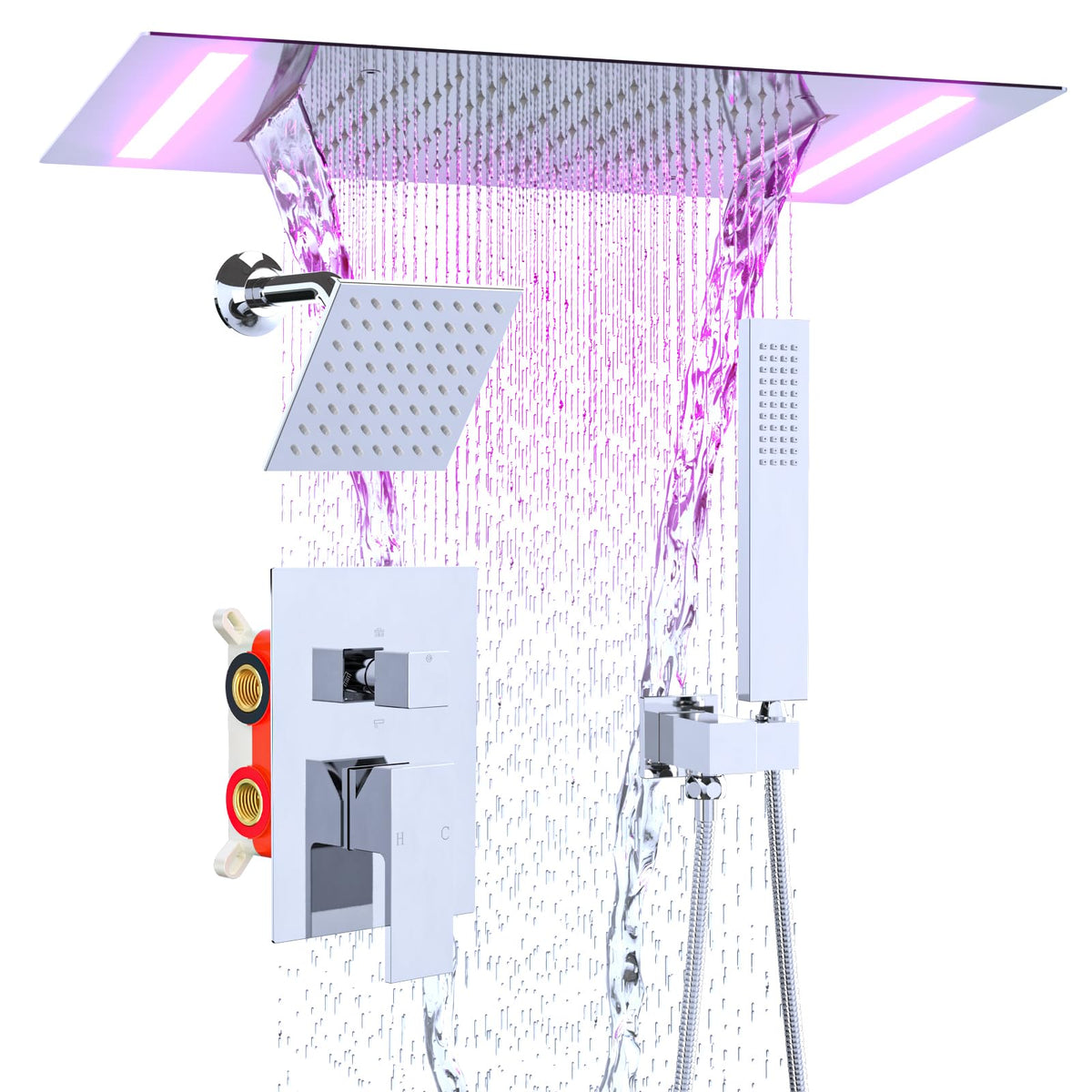 ENGA Dual Rain Shower Head System, 2 In 1 Functions Ceiling Mount 14x20inch LED Shower Head with 6 Inch Shower Head, Rainfall Waterfall Shower Faucet Set, Matte Black