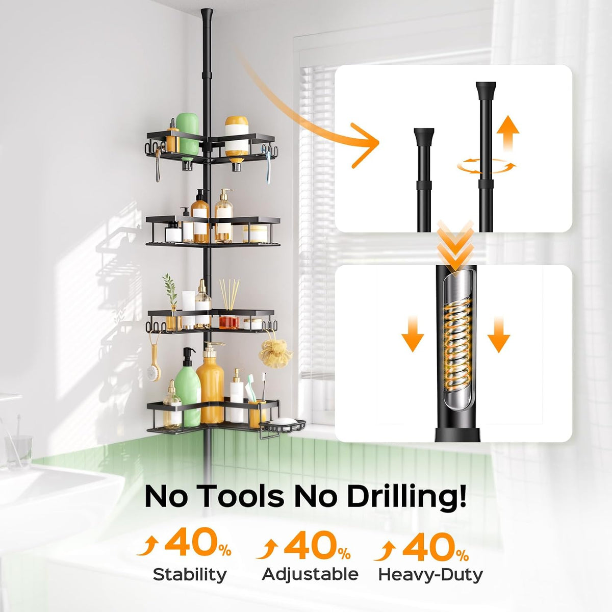 HAMITOR Shower Caddy Tension Pole: Corner Bathroom Organizer for Renters