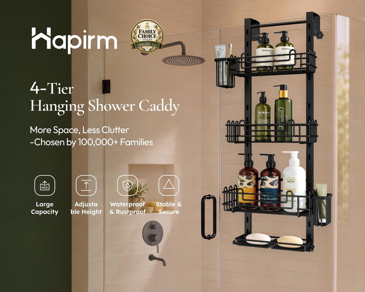 HapiRm Over the Door Shower Caddy - 4-Tier Hanging Shower Organizer with 22 Hooks and 2 Toothbrush Holders, No Drilling Adjustable Hanging Shelves for Bathroom - Black