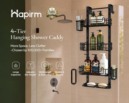 HapiRm Over the Door Shower Caddy - 4-Tier Hanging Shower Organizer with 22 Hooks and 2 Toothbrush Holders, No Drilling Adjustable Hanging Shelves for Bathroom - Black