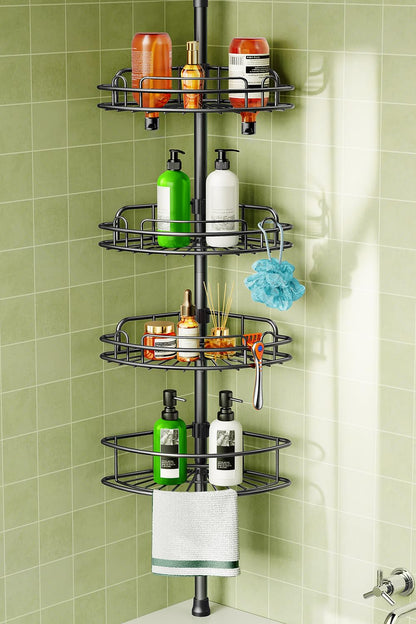 HAMITOR Corner Shower Caddy Tension Pole 4 Tier Rustproof Shampoo Organizer