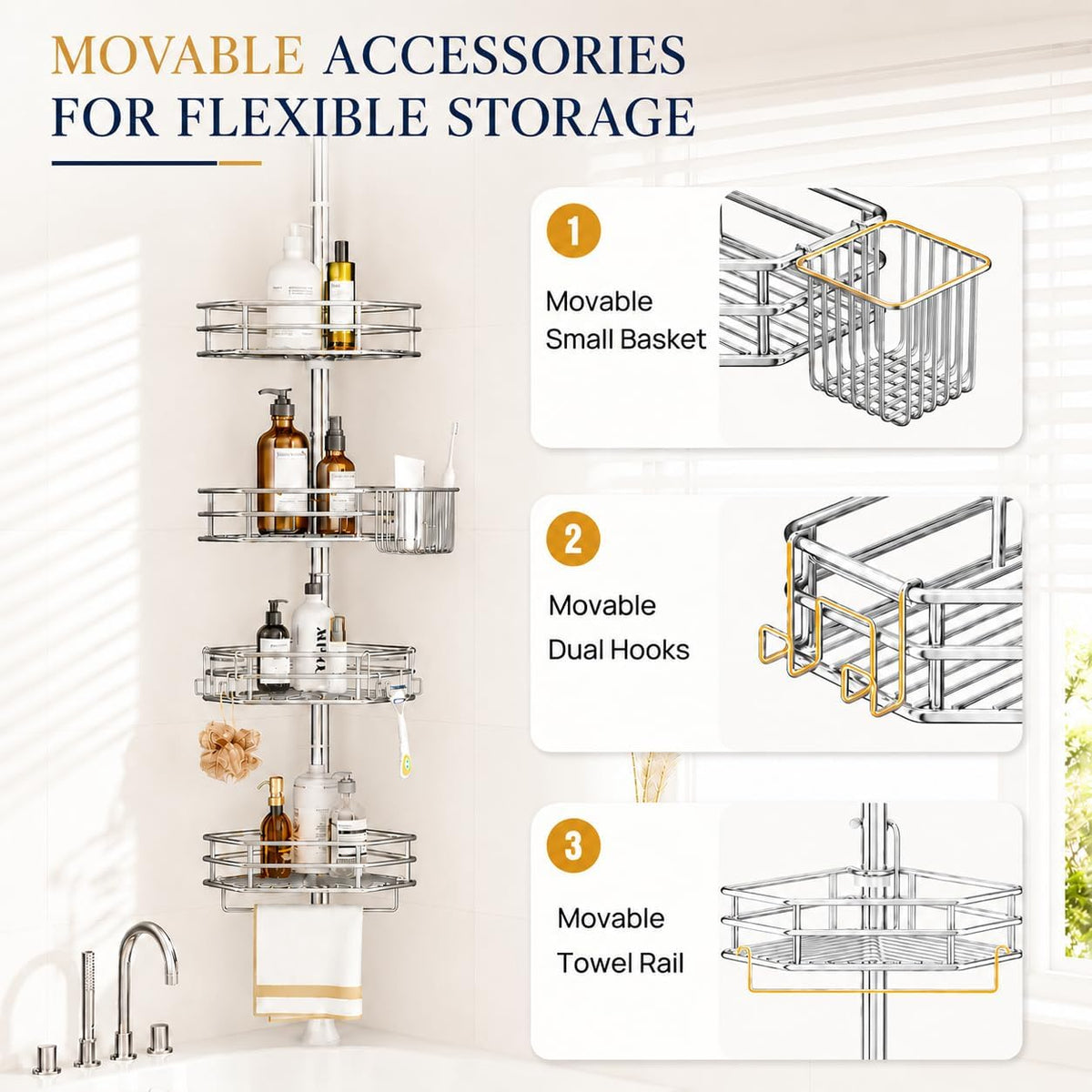 SEIRIONE Rustproof Corner Shower Caddy Tension Pole for Bathroom Storage