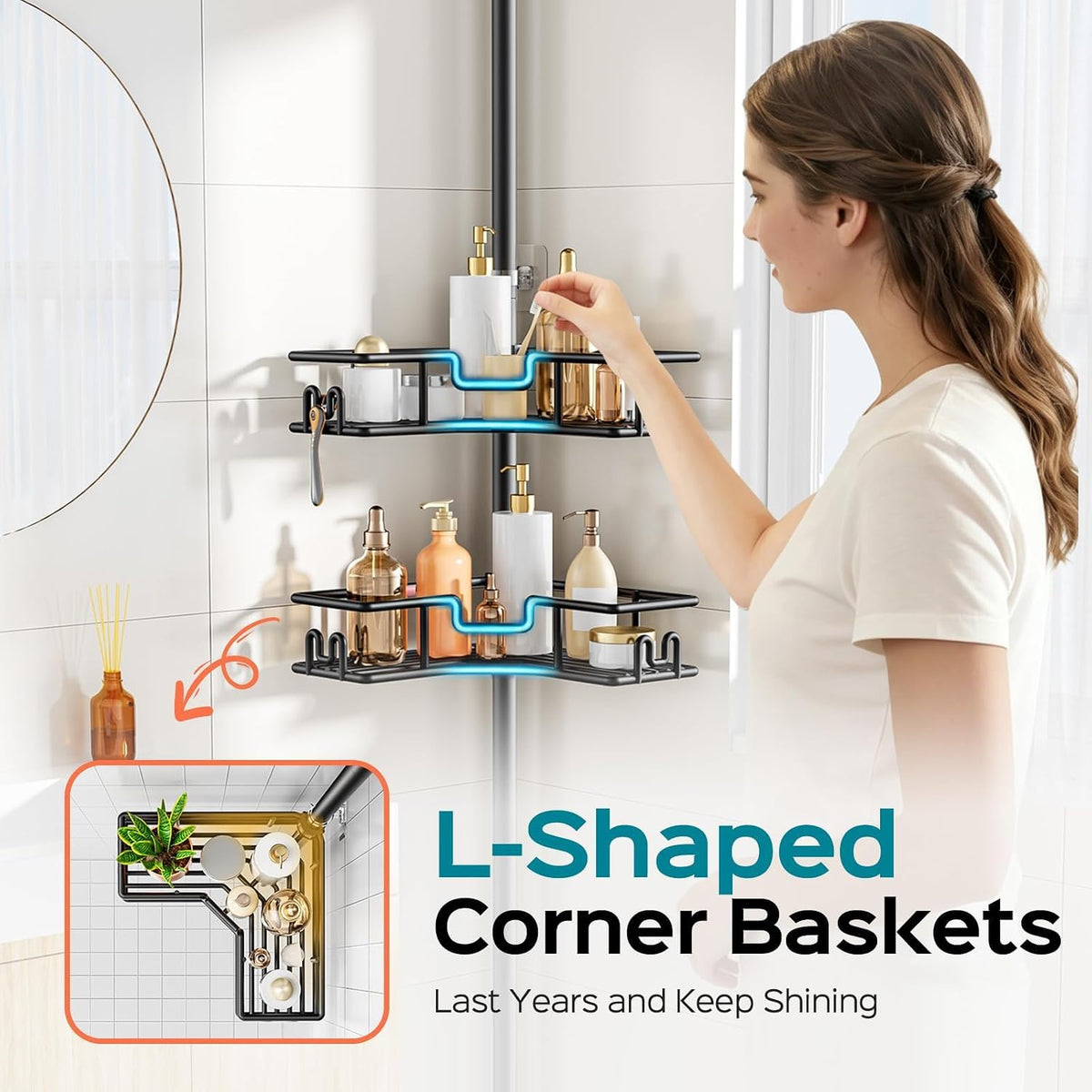 HAMITOR Shower Caddy Tension Pole: 4-Tier Adjustable Corner Organizer Black