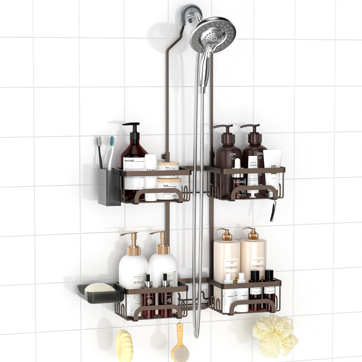 REINHARDT Split Shower Caddy Hanging for Handheld Showerheads, Black