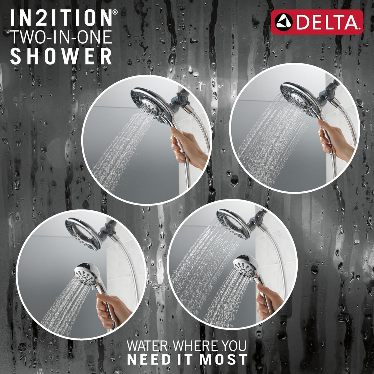 Delta 4-Setting In2ition 2-in-1 Dual Shower Head with HandHeld Spray, Chrome Detachable Shower Head with Hose, Showerhead, 1.75 GPM Flow Rate, Chrome 75486C