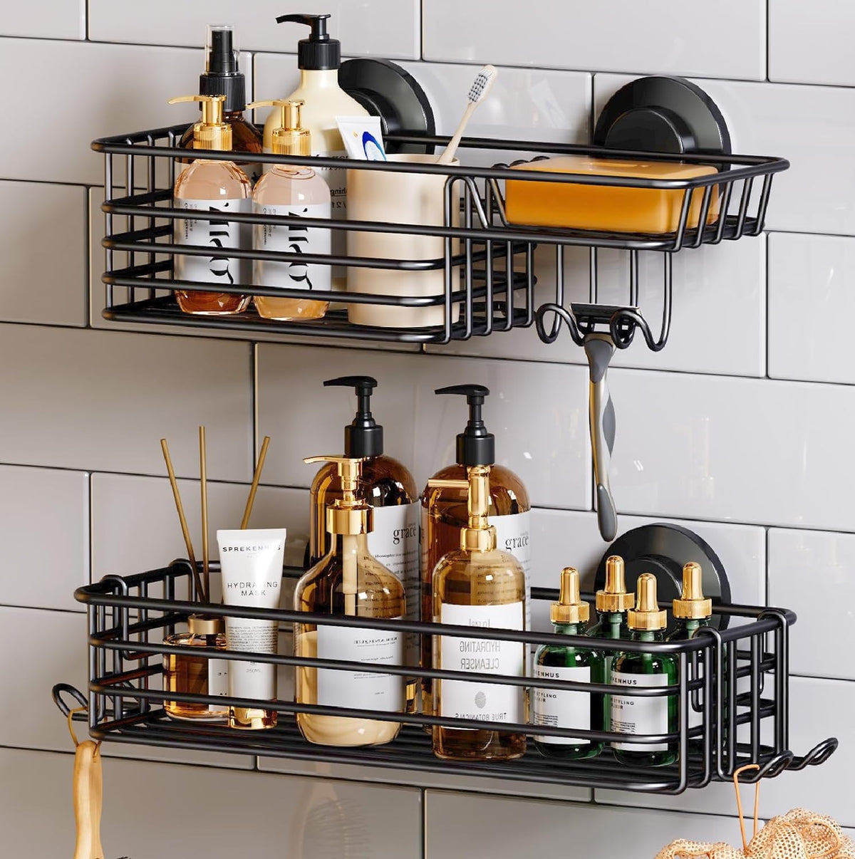TAILI Shower Caddy Suction Cup 2 Pack with Hooks & Soap holder, Black