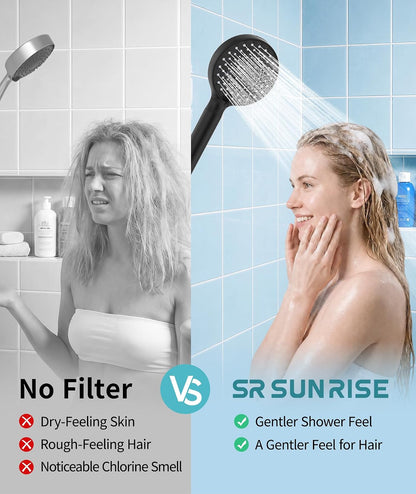 SR SUN RISE Filtered Shower Head with Handheld High Pressure 9 Spray Mode Showerhead Detachable Shower Head Water Softener Filters Beads for Hard Water Remove Chlorine 1 Filter Black