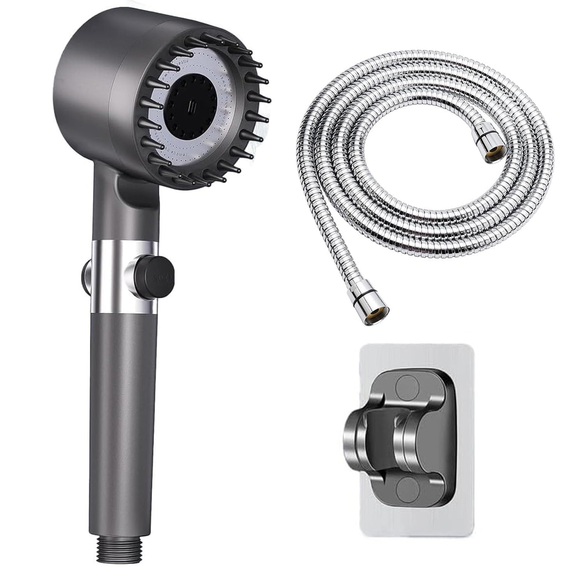 Ion Shower Head, Shower Head High Pressure with Handheld & 5 Filters, 4 Modes & Pause Switch, Showerhead Set with 59" Explosion-Proof Hose & Dual Brackets for Hard Water & Pets, Gray