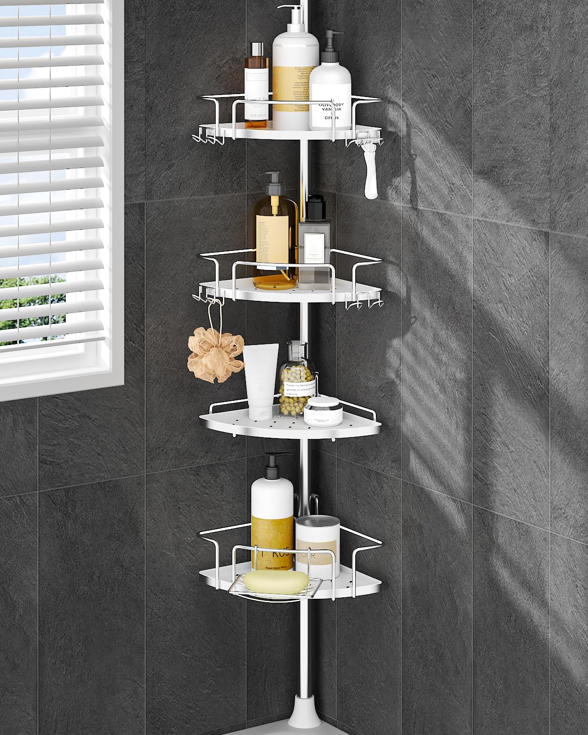 ALLZONE Two-Tone Corner Shower Caddy Tension Pole for Bath Shampoo Storage