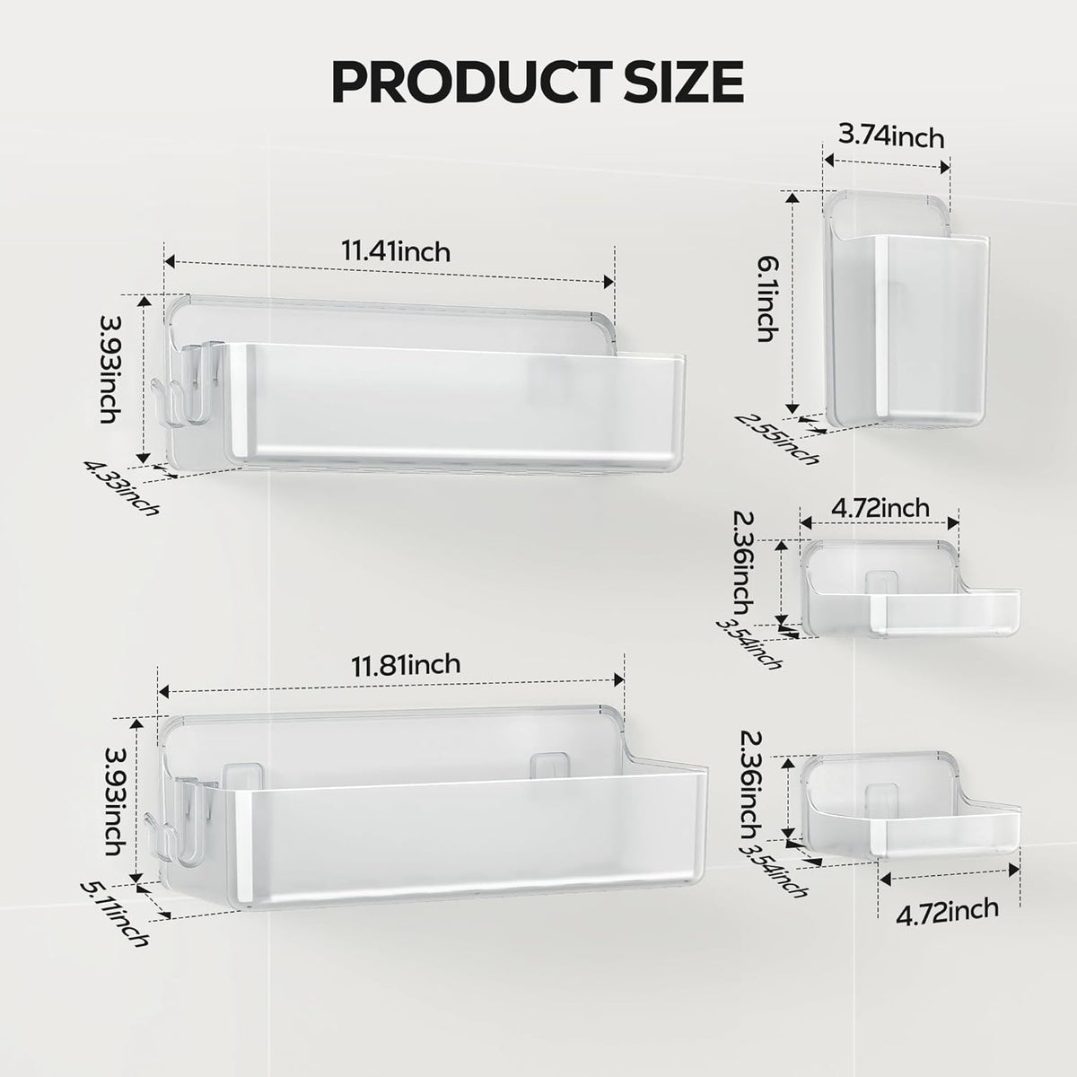 Nieifi Adhesive Shower Shelves, Clear, 5 Pieces