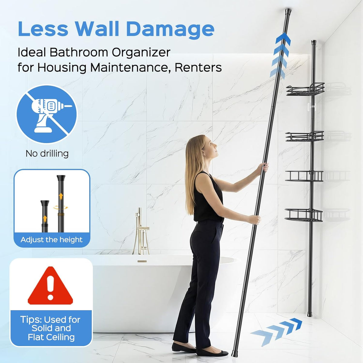 HAMITOR Corner Shower Caddy Tension Pole, Adjustable No-Drill Widen Shelves