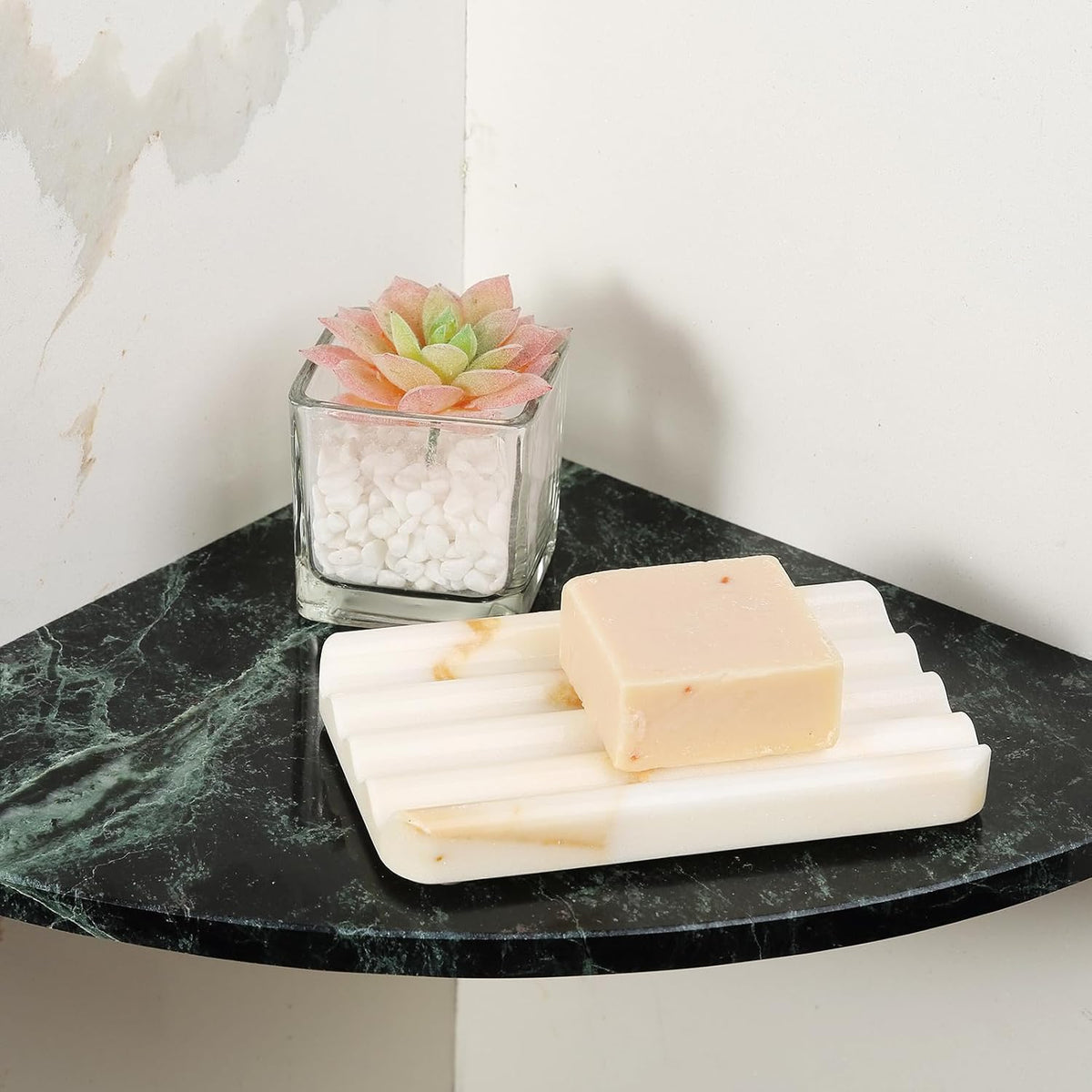 Koville Natural Marble Soap Dish for Bathroom Shower, White Gold Marble Soap Tray for Bathroom, Stone Soap Tray for Sink, Stripe Grooves Soap Saver Keep Soap Bars Dry Easy Clean