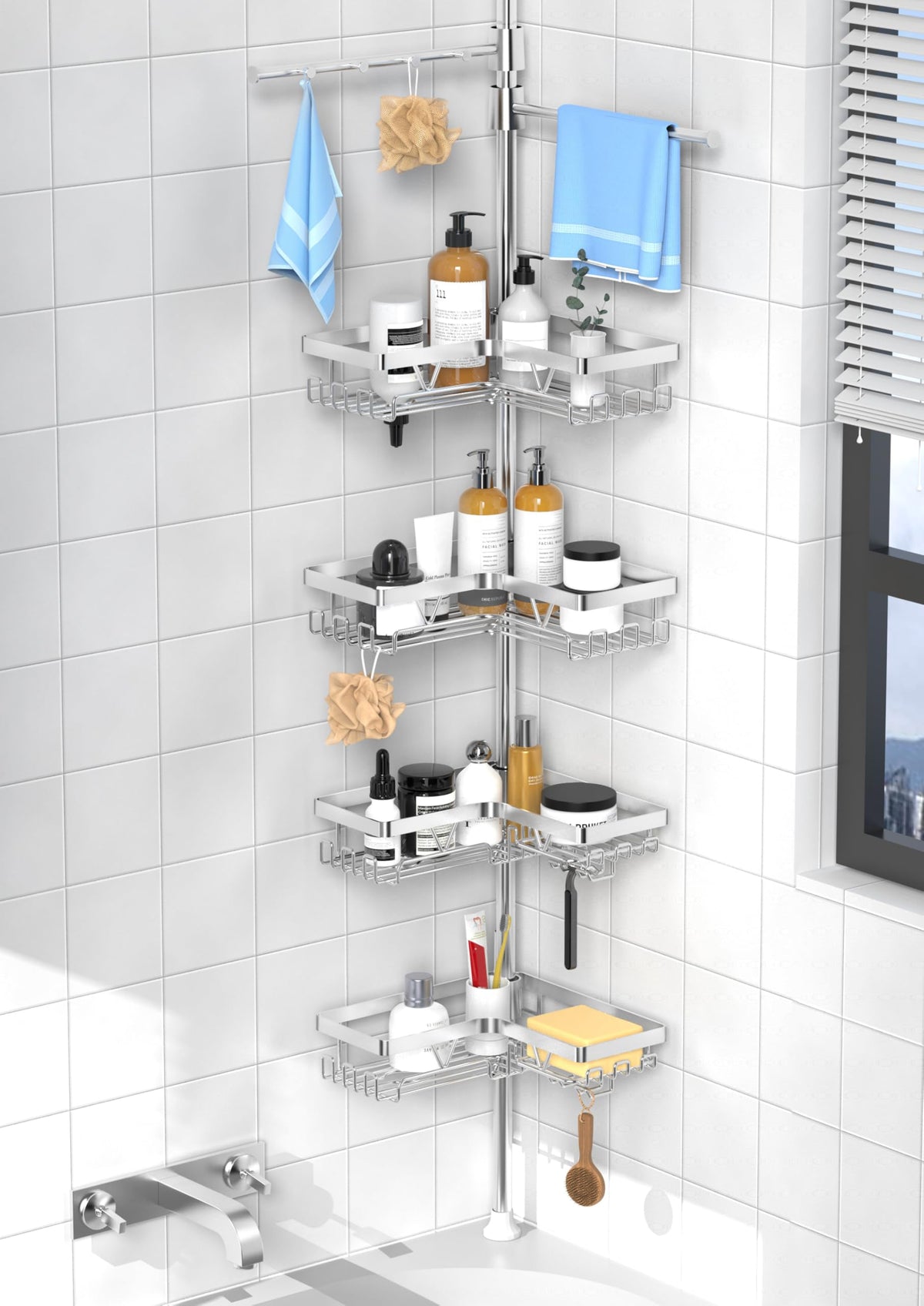 KEGII Corner Shower Caddy Tension Pole, Large Capacity Bathroom Organizer