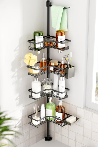 Corner Shower Caddy Tension Pole, 4 Tier Rustproof Shower Tension Rod Organizer, Adjustable 25-125 Inch Bathroom Shower Organizer Shelves for Bathtub Shampoo Storage, Black