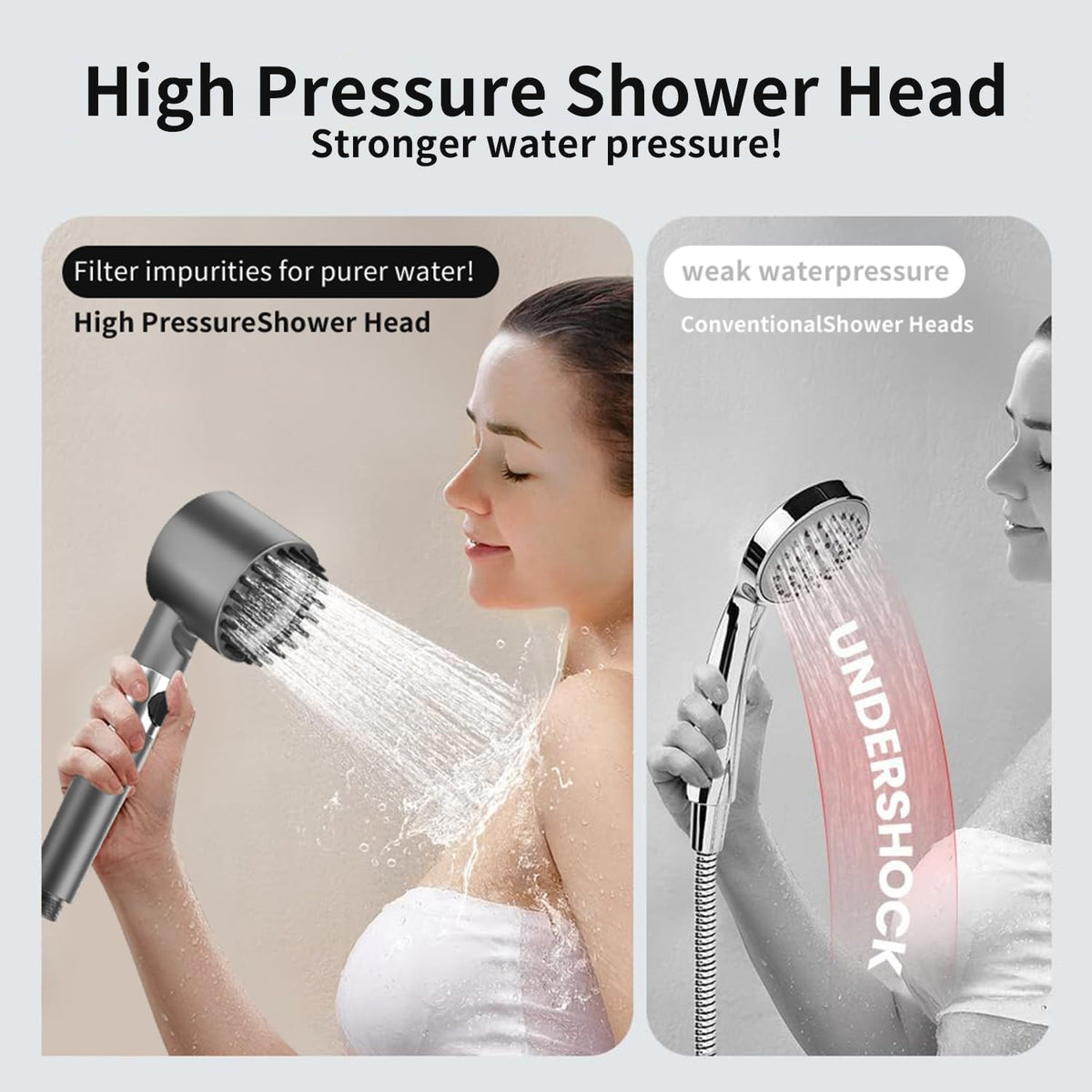 Ion Shower Head, Shower Head High Pressure with Handheld & 5 Filters, 4 Modes & Pause Switch, Showerhead Set with 59" Explosion-Proof Hose & Dual Brackets for Hard Water & Pets, Gray