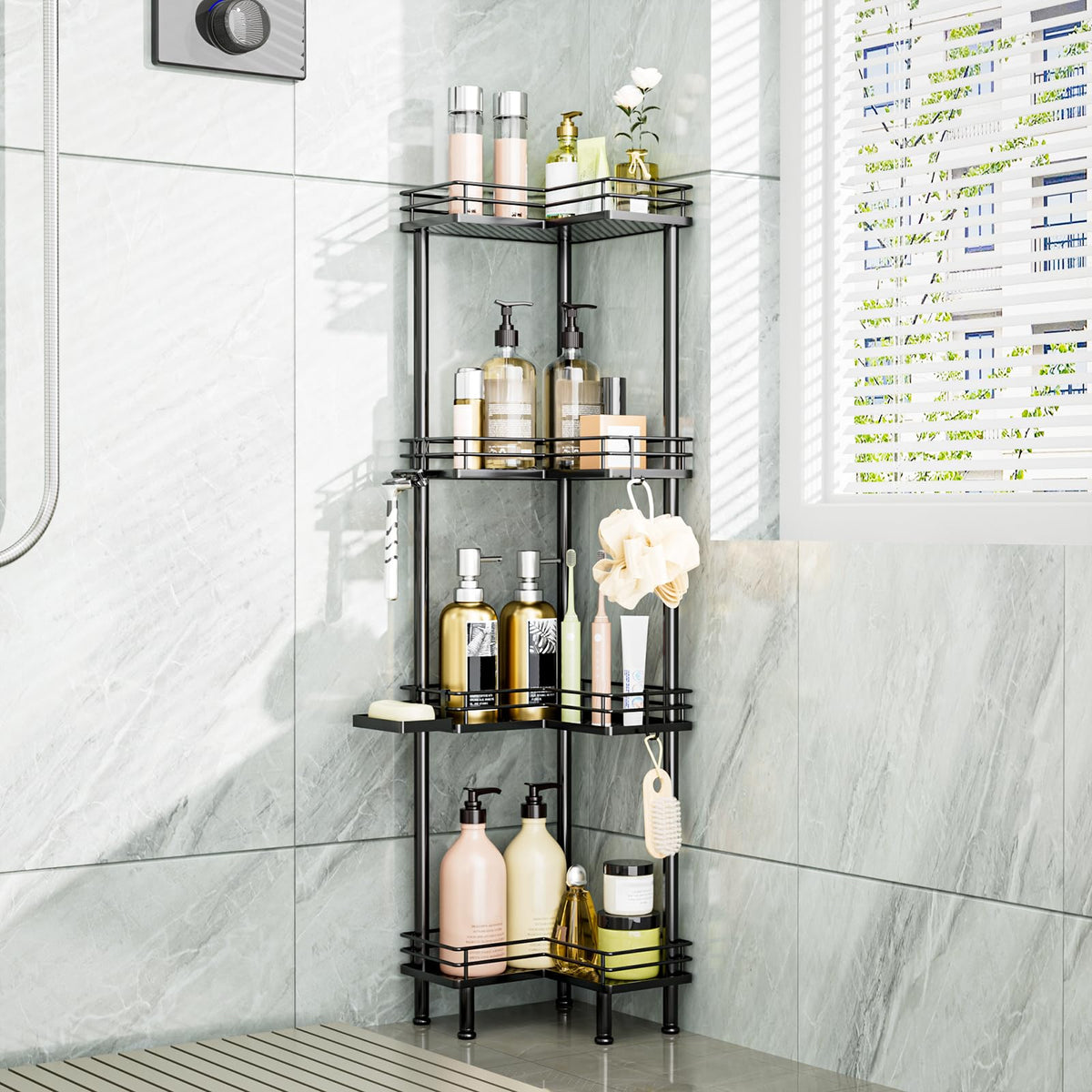 Consumest Corner Shower Caddy Standing - 3-Tier Stainless Steel Shower Organizer with Soap Holder and 4 Hooks, Large Capacity Corner Shelf Stand for Bathroom, Rest Room, Black
