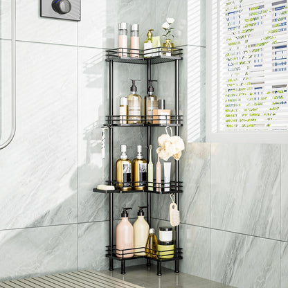 Consumest Corner Shower Caddy Standing - 3-Tier Stainless Steel Shower Organizer with Soap Holder and 4 Hooks, Large Capacity Corner Shelf Stand for Bathroom, Rest Room, Black