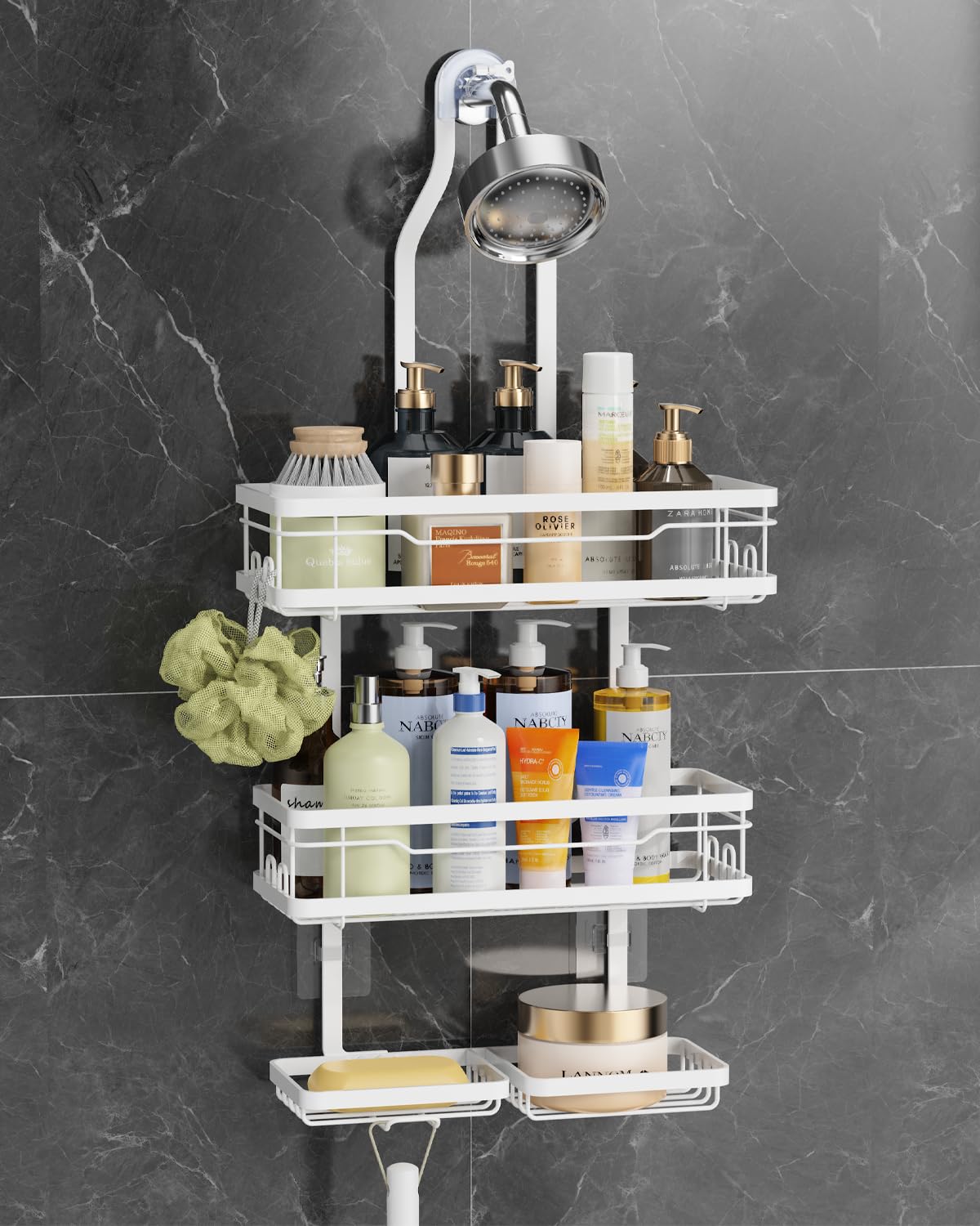 OMAIRA Shower Caddy Hanging Over the Shower Head - Rustproof Shower Organizer Hanging with Soap Scrub Holder, Non-Slip Stainless Steel Bathroom Storage Rack & Shelves, No Drilling, Black